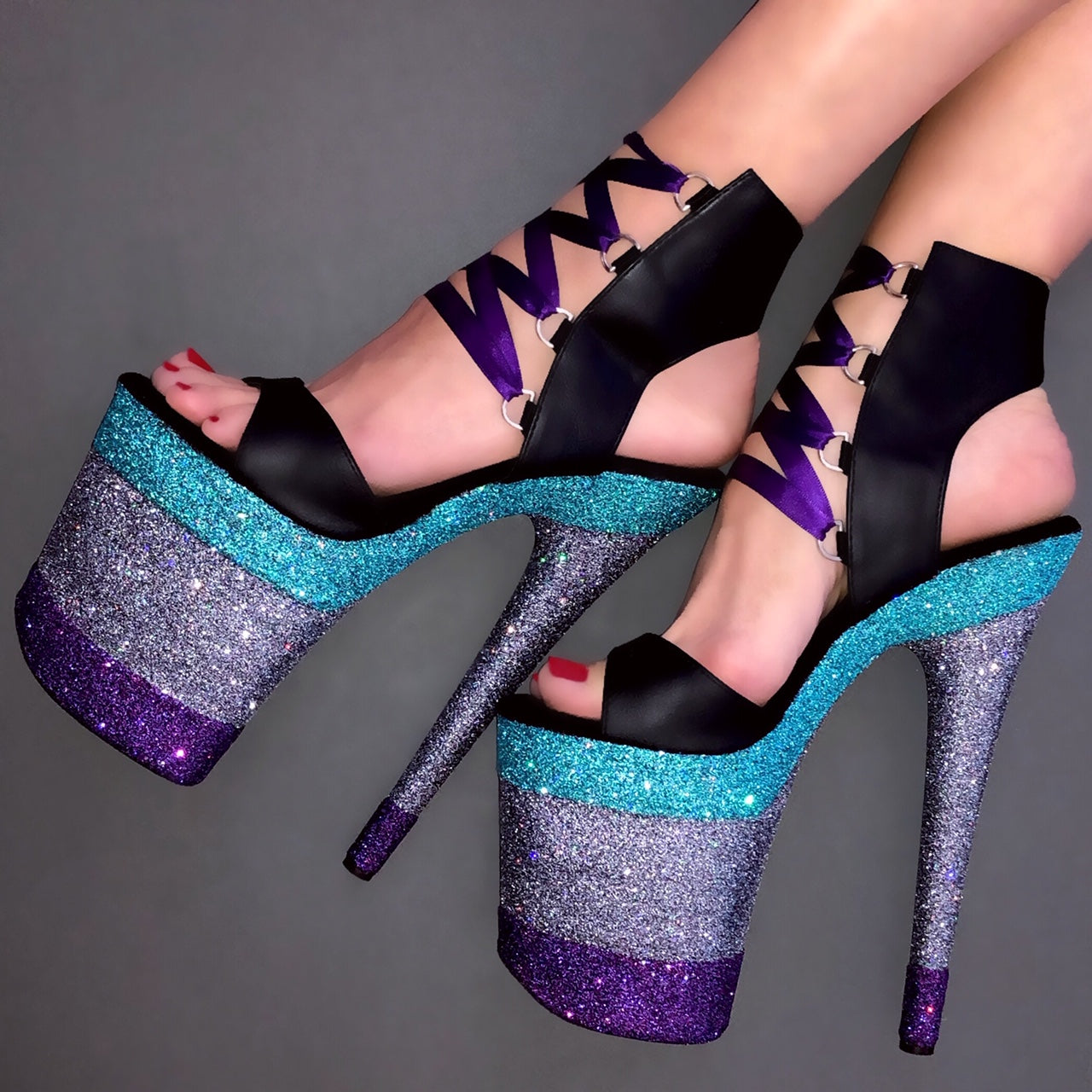 8" Linearis Tiffany Blue- Amethyst on Gunmetal with Plum Satin Lacing Matte Black Lace Up VEGAN Glitter Heels