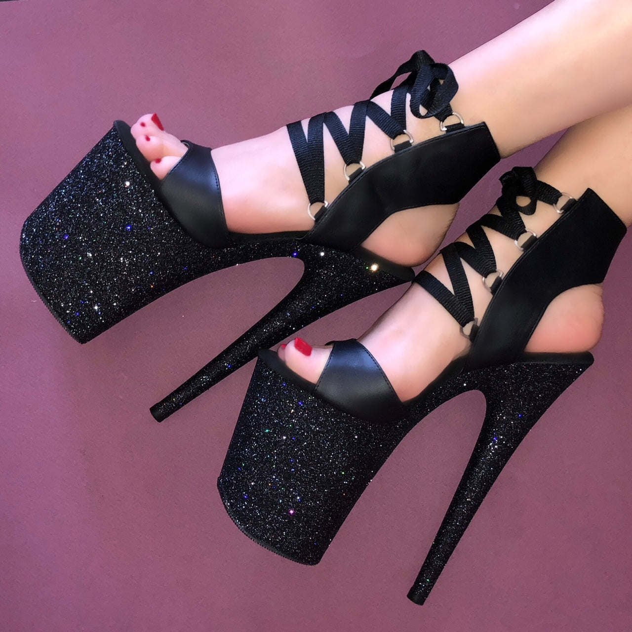 8" Black Matte Lace Up VEGAN Glitter Heels