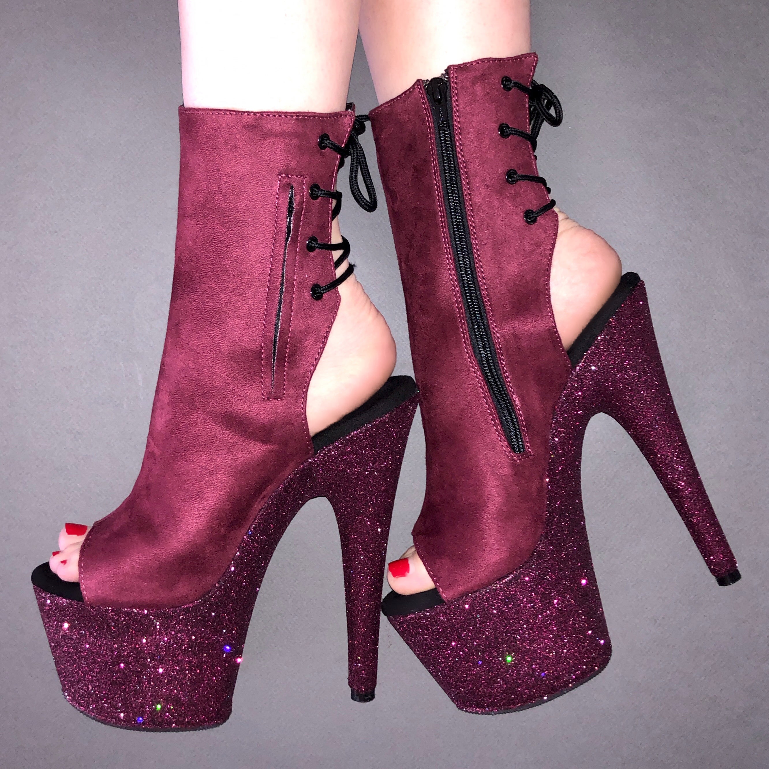 7" Pinot Burgundy Suede Ankle Boot Glitter Heels X Pleaser