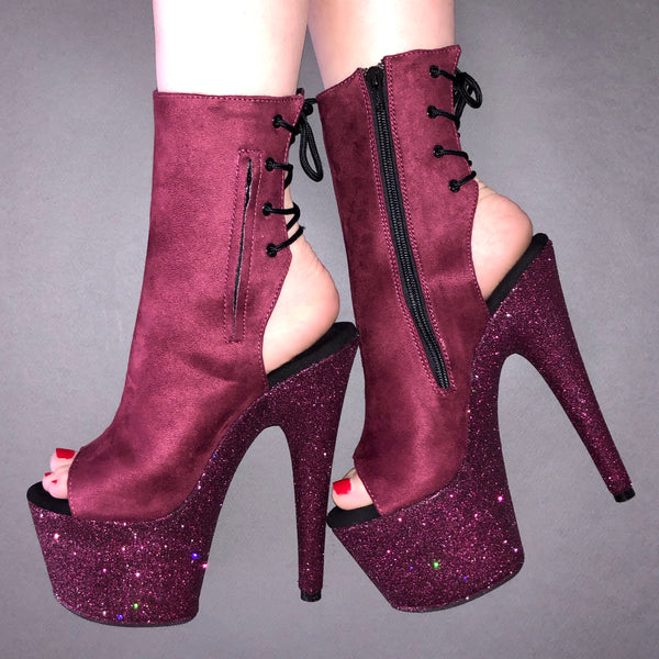 7" Pinot Burgundy Suede Ankle Boot Glitter Heels X Pleaser