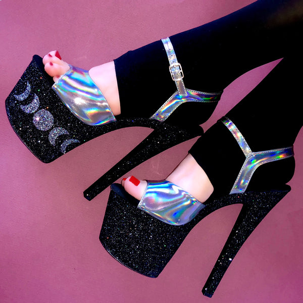 7" La Luna Holographic Strap VEGAN Glitter Heels