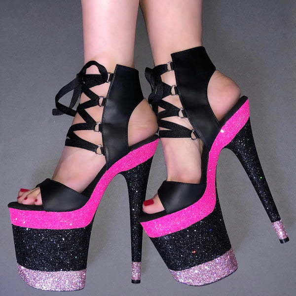 8" Linearis Punk Pink-Baby Pink Black Matte Lace Up VEGAN Glitter Heels