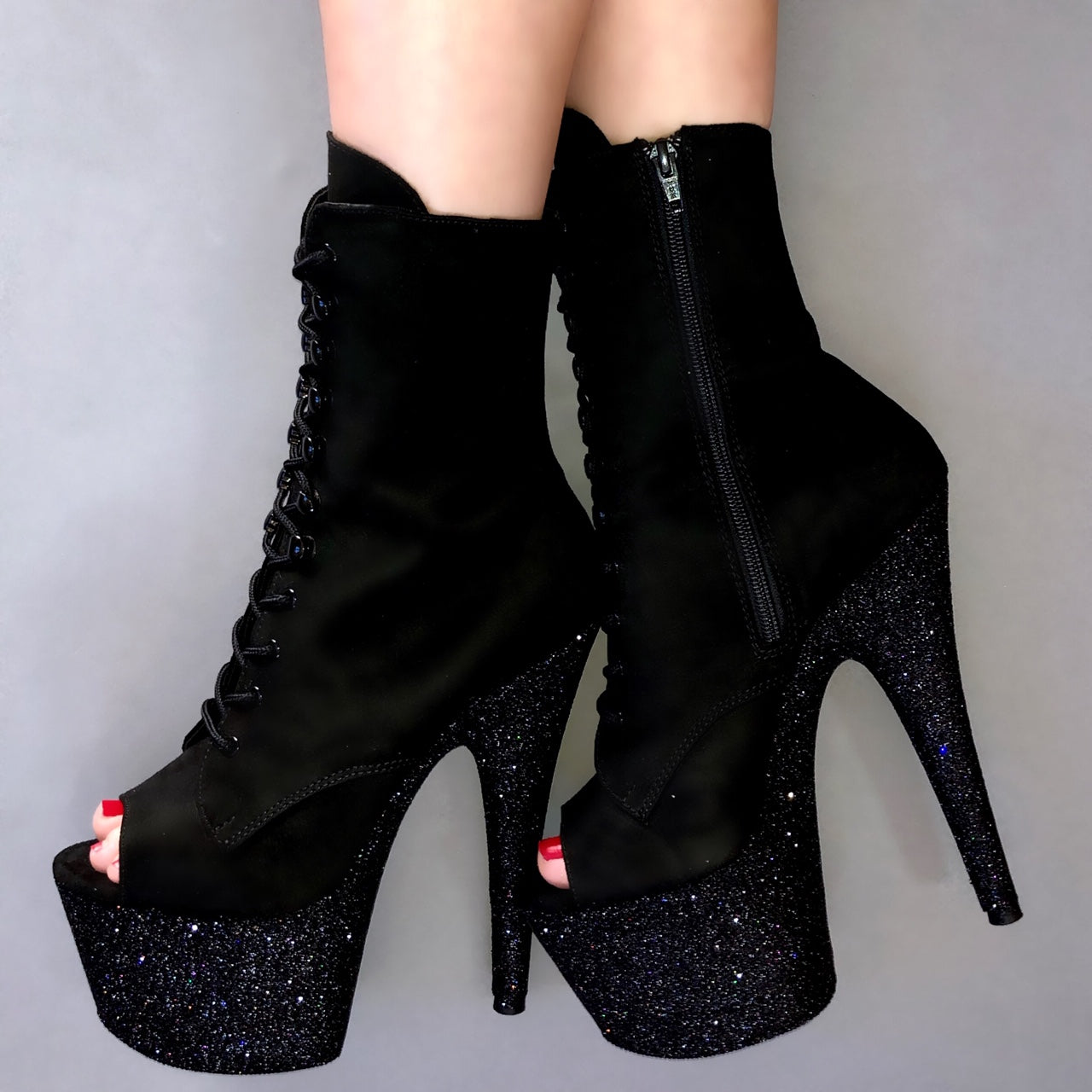 7" Black Suede Lace Up Open Toe Vegan Glitter Heels