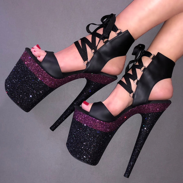 8" Linearis Pinot Black Matte Lace Up VEGAN Glitter Heels