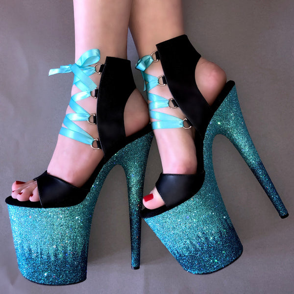 8" Tiffany Blue-Teal Ombre Matte Black Lace Up with Turquoise Laces VEGAN Glitter Heels