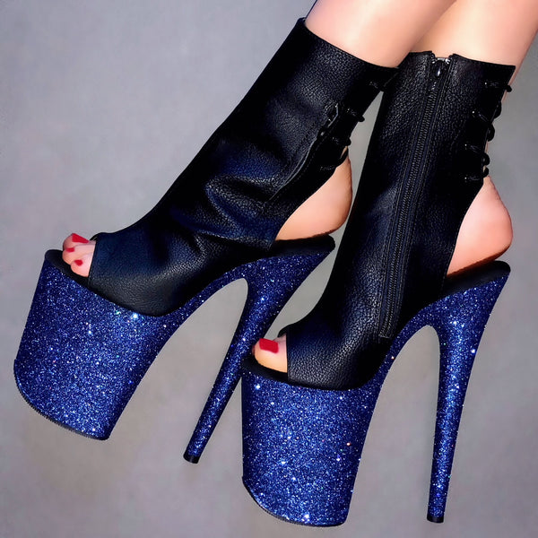 8" Sailor Open Toe/Open Heel VEGAN Ankle Boot Glitter Heels