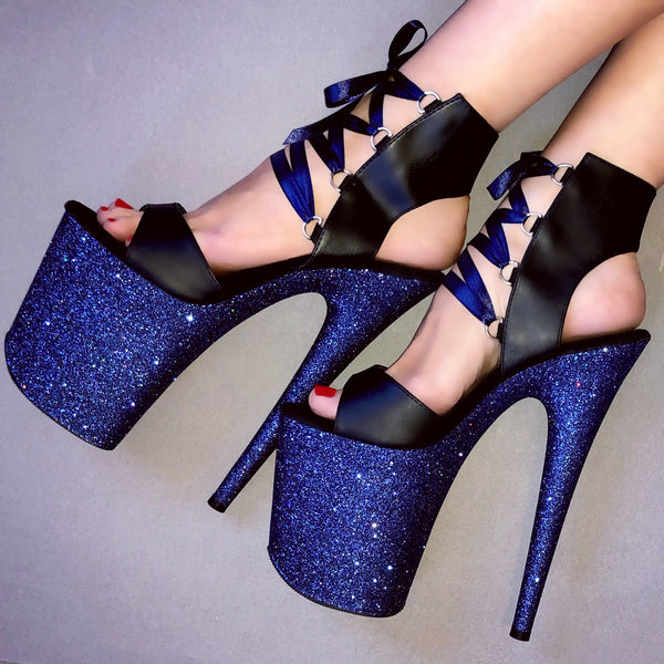 8" Sailor with Navy Satin Laces Black Matte Lace Up VEGAN Glitter Heels