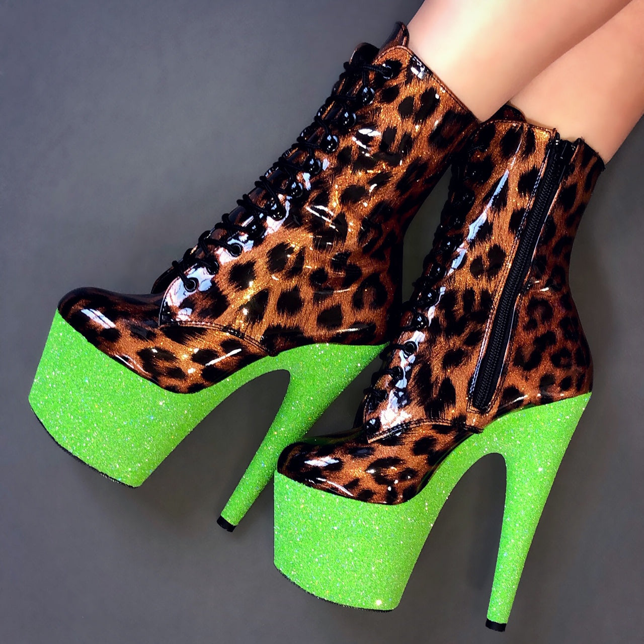 7" Neon Green Shimmer Patent Leopard VEGAN Ankle Boot Glitter Heels