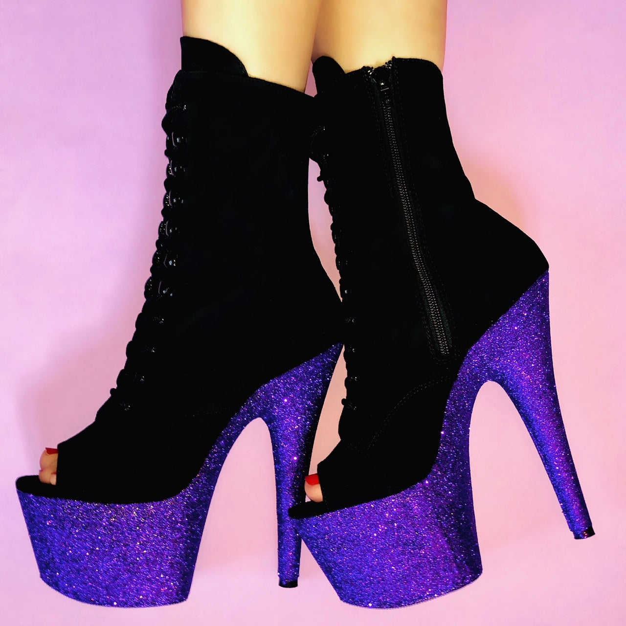 7" Purple Suede Lace Up Open Toe Vegan Glitter Heels