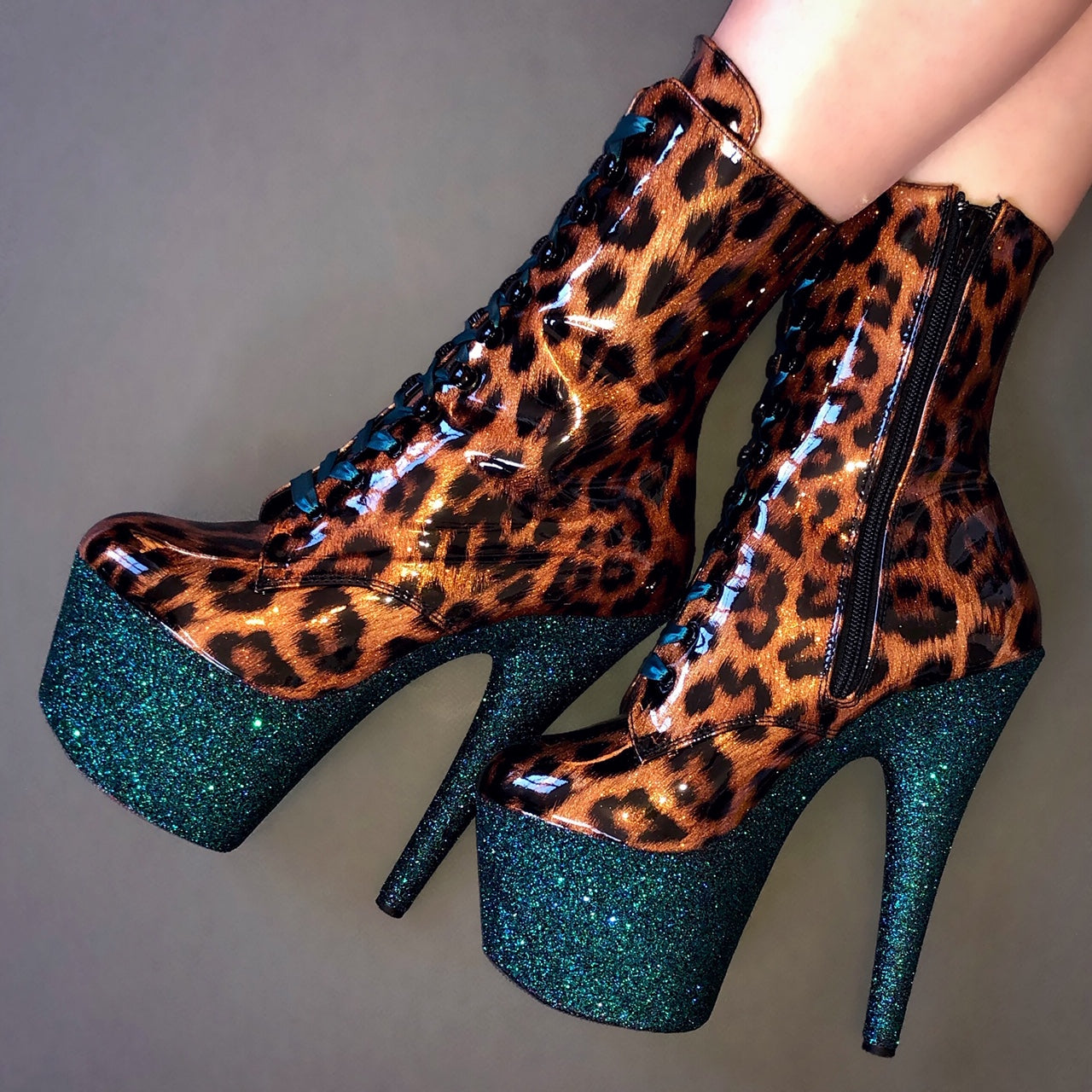 7" Poison Shimmer Patent Leopard with Teal Satin Lacing VEGAN Ankle Boot Glitter Heels