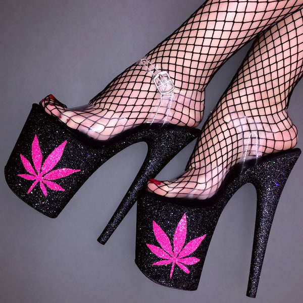 8" Neon Pink 420 VEGAN Glitter Heels