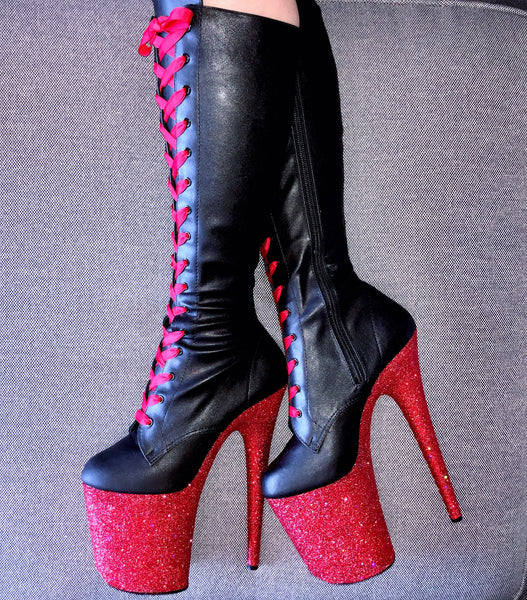 **Extended Size 12-14** Fire Engine with Red Satin Lacing Knee High Matte Black VEGAN Glitter Heels