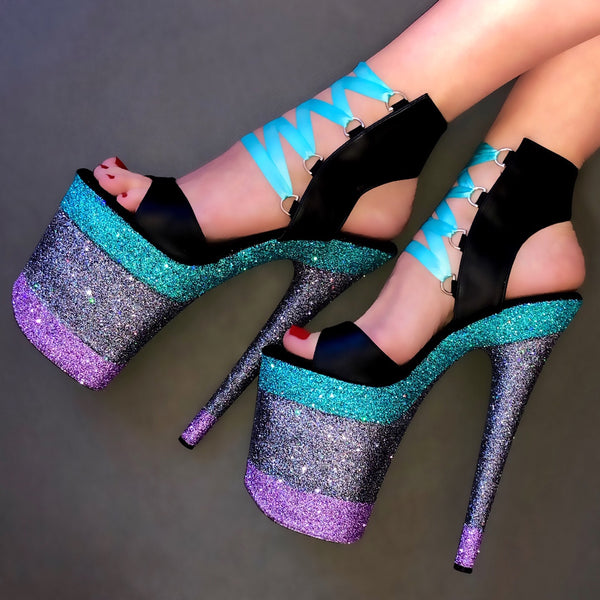 8" Linearis Tiffany Blue- Lilac on Gunmetal w/Turquoise Satin Lacing Matte Black Lace Up VEGAN Glitter Heels