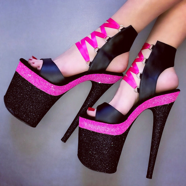 8" Linearis Neon Pink with Pink Satin Laces Matte Black Lace Up VEGAN Glitter Heels