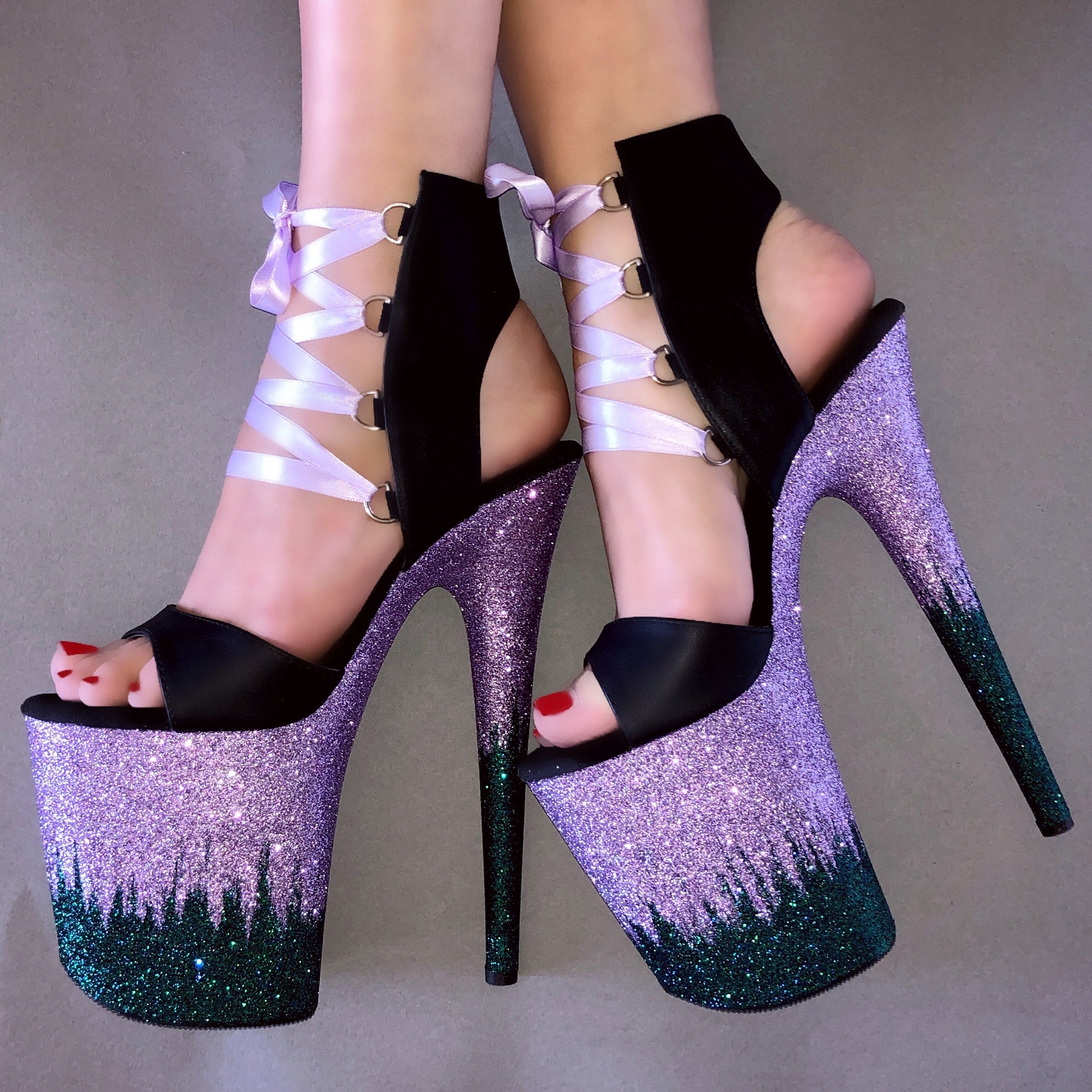 8" Lilac- Poison Ombre with Orchid Lacing VEGAN Matte Black Lace Up Glitter Heels