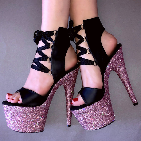 7" Baby Pink Matte Black Lace Up VEGAN Glitter Heels