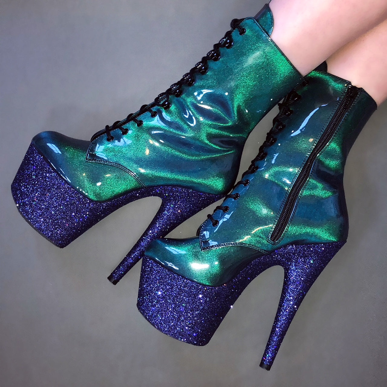 7" Indigo Purple and Green Color Changing Patent VEGAN Ankle Boot Glitter Heels