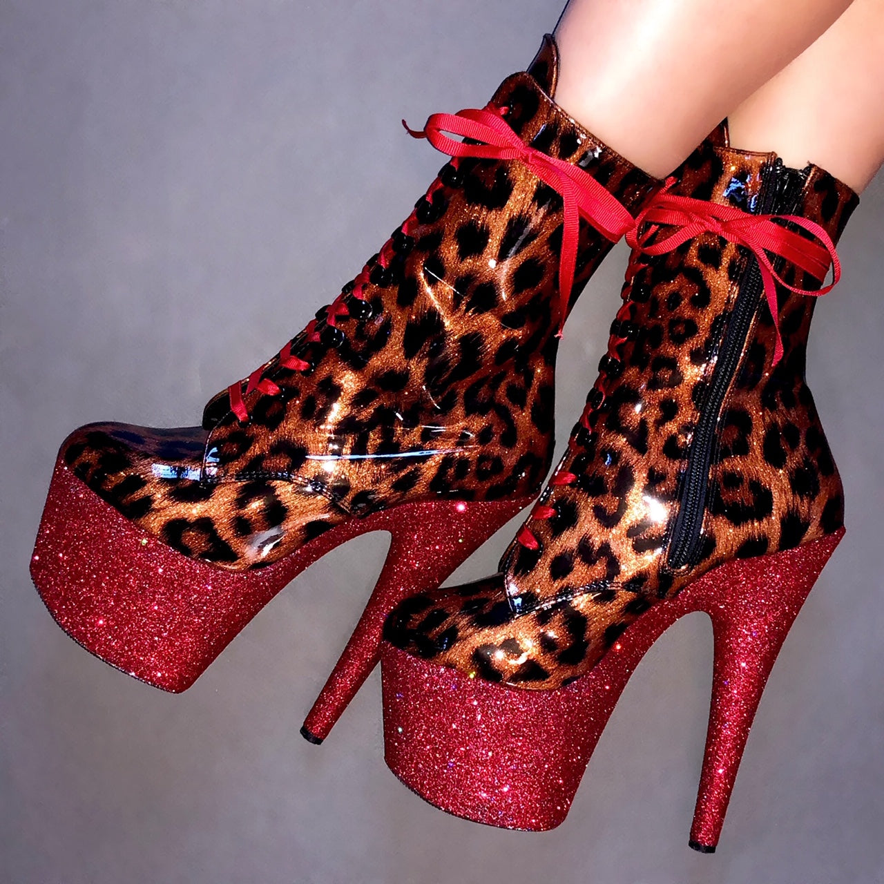 7" Fire Engine Shimmer Patent Leopard with Red Lacing VEGAN Ankle Boot Glitter Heels