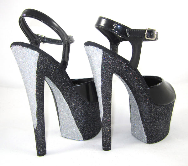 7" Karol Helms Black and Silver Vegan Glitter Heels