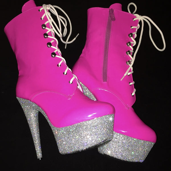 6" Hot Pink Silver Ankle Boot