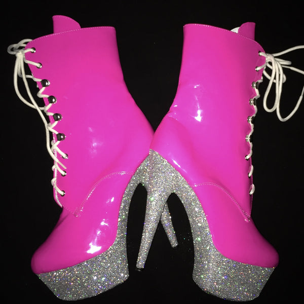 6" Hot Pink Silver Ankle Boot