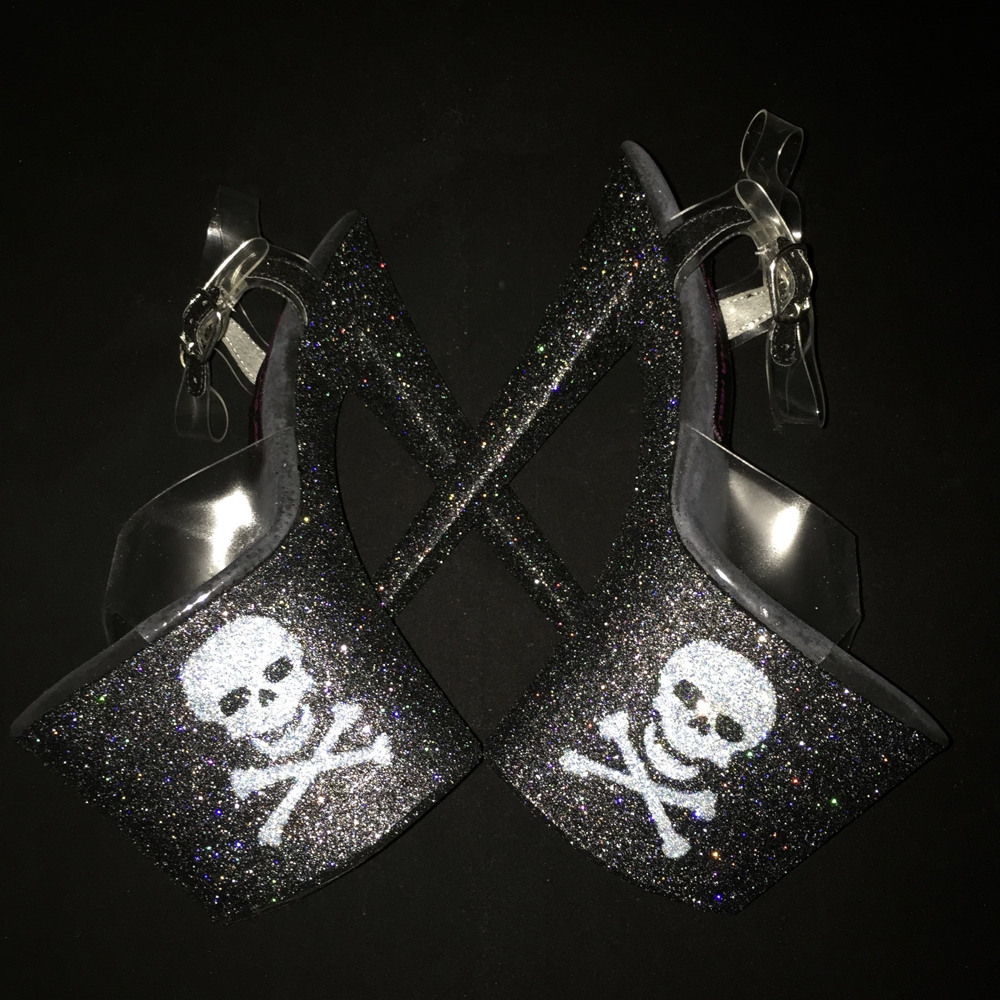 8" Black Skull & Crossbones Vegan Glitter Heels