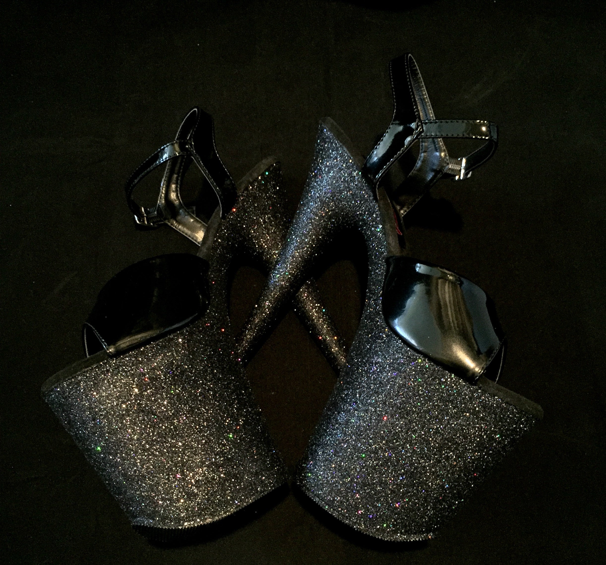 8" Black with Black Straps VEGAN Glitter Heels