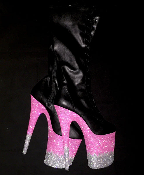 8" Neon Pink-Silver Ombre Knee High VEGAN Glitter Heels