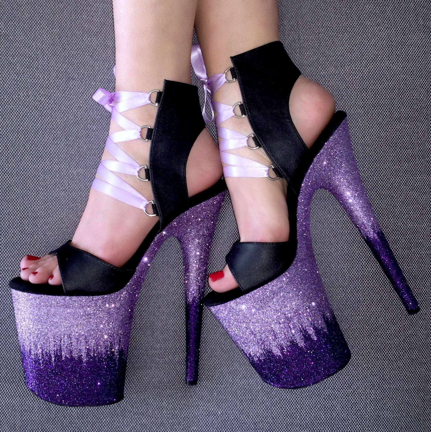 8" Lilac-Purple Shadow Ombre Matte Black VEGAN Lace Up with Orchid Lacing Glitter Heels