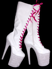 8" White Diamond Knee High Boot Matte White VEGAN Glitter Heels