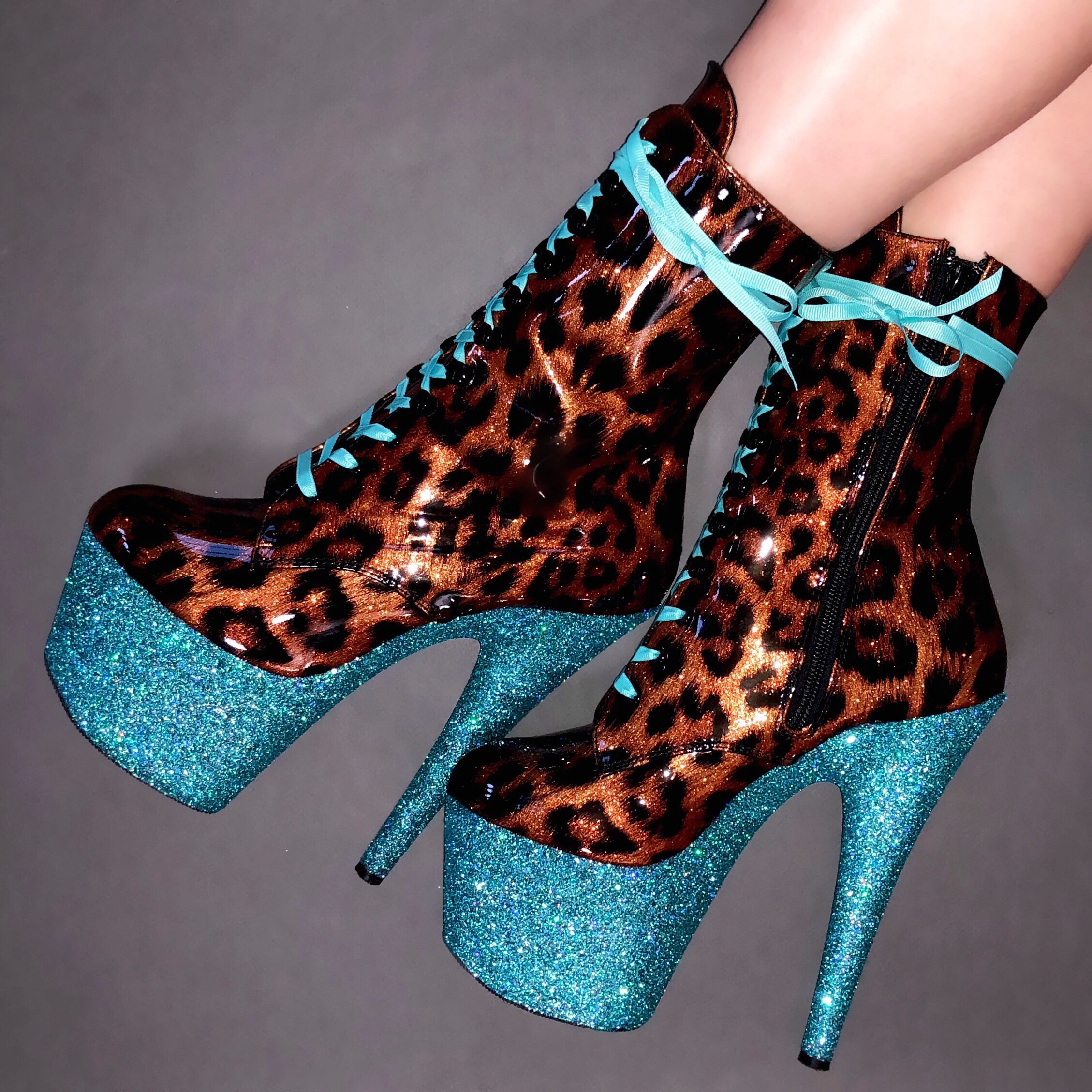 7" Turquoise Shimmer Patent Leopard with Turquoise Lacing VEGAN Ankle Boot Glitter Heels