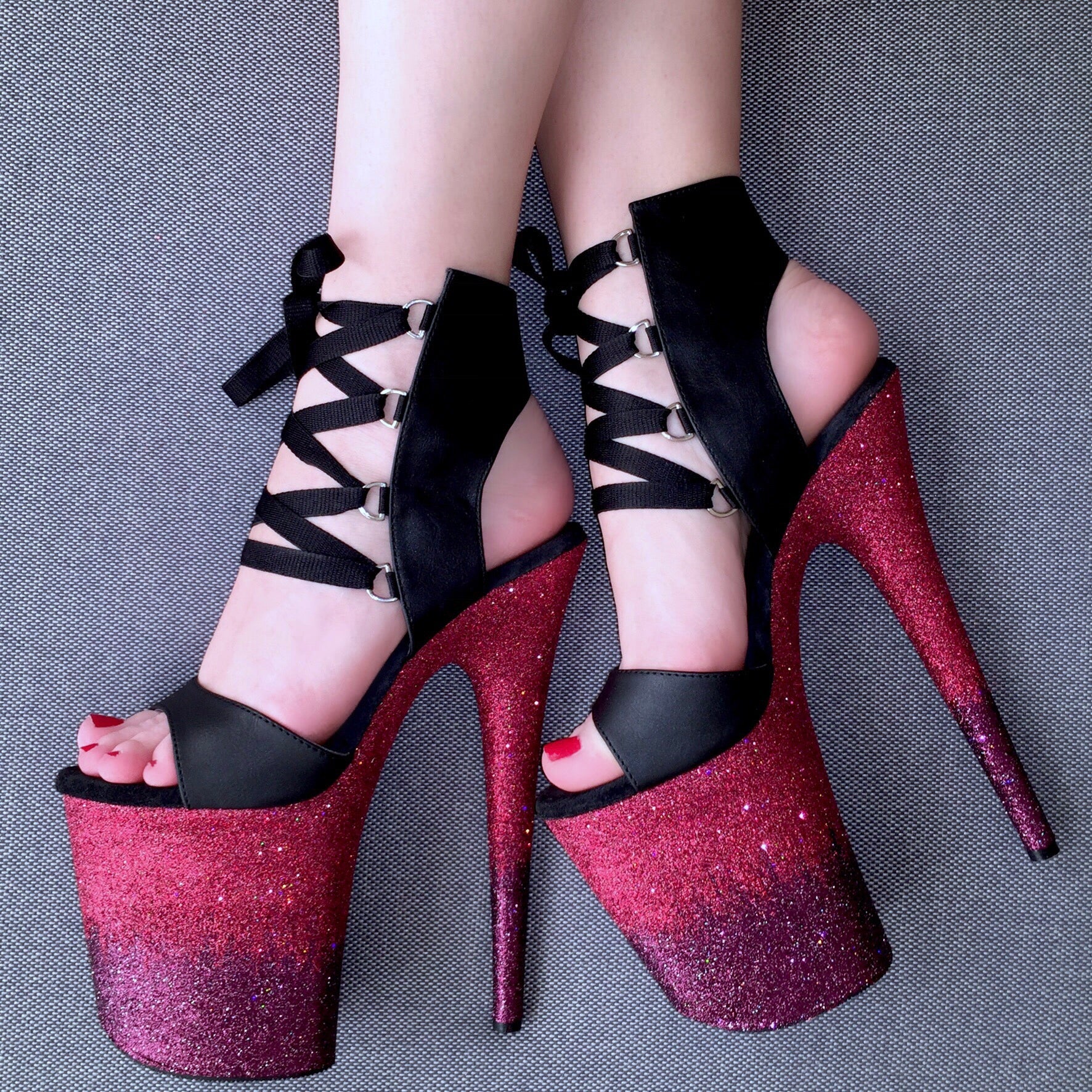 8" Dusty Rose-Bordeaux Ombre Matte Black Lace Up VEGAN Glitter Heels