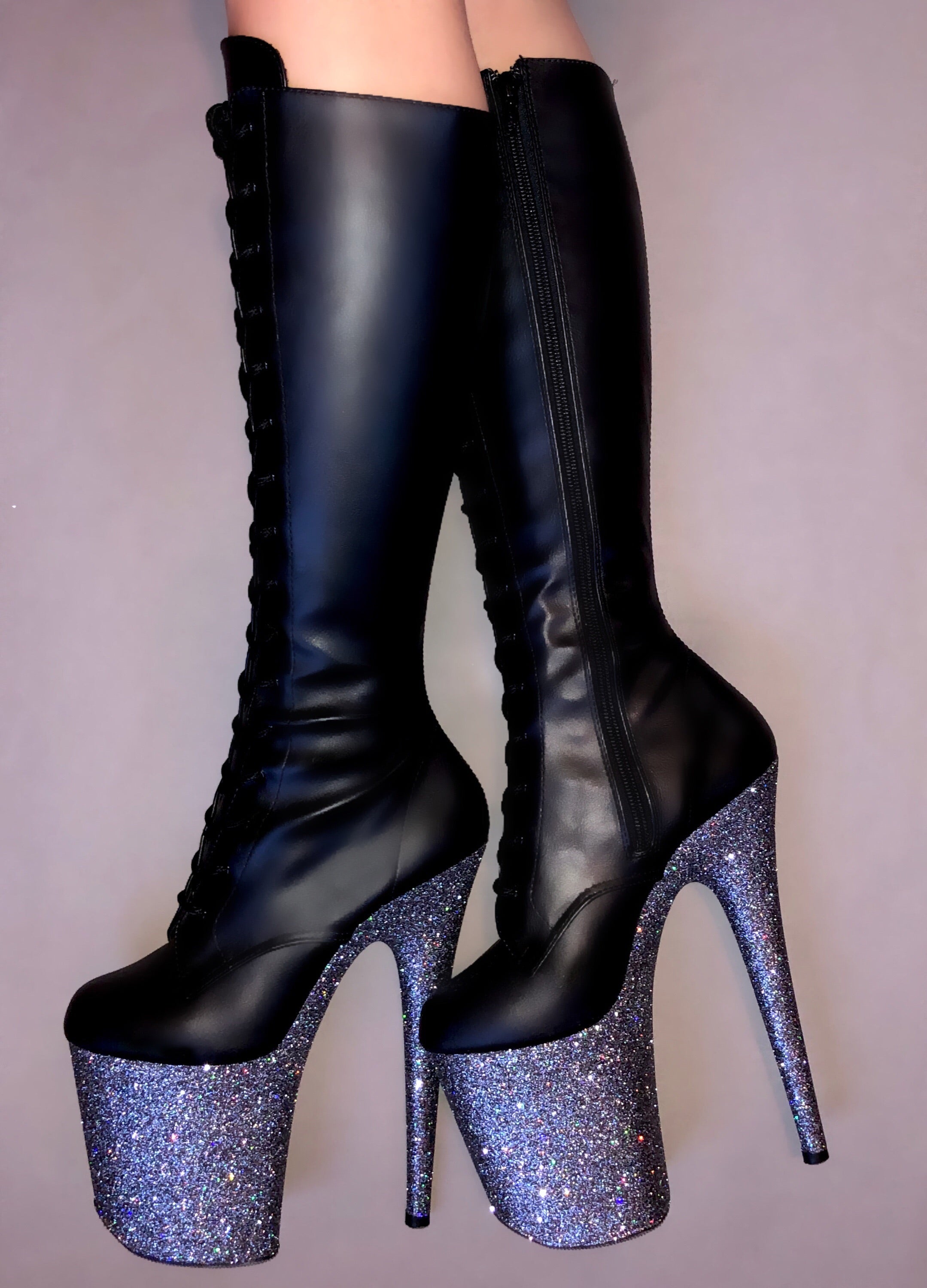 8" Gunmetal Knee High Boot Matte Black VEGAN Glitter Heels