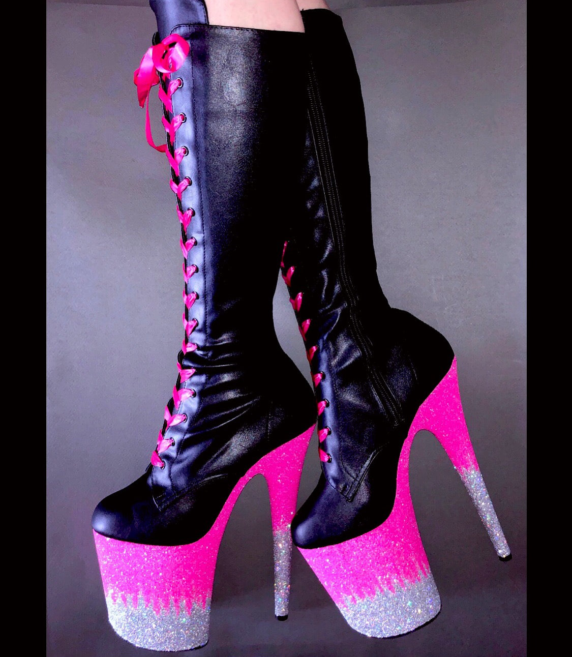 8" Neon Pink-Silver Ombre with Neon Pink Satin Laces Knee High VEGAN Glitter Heels